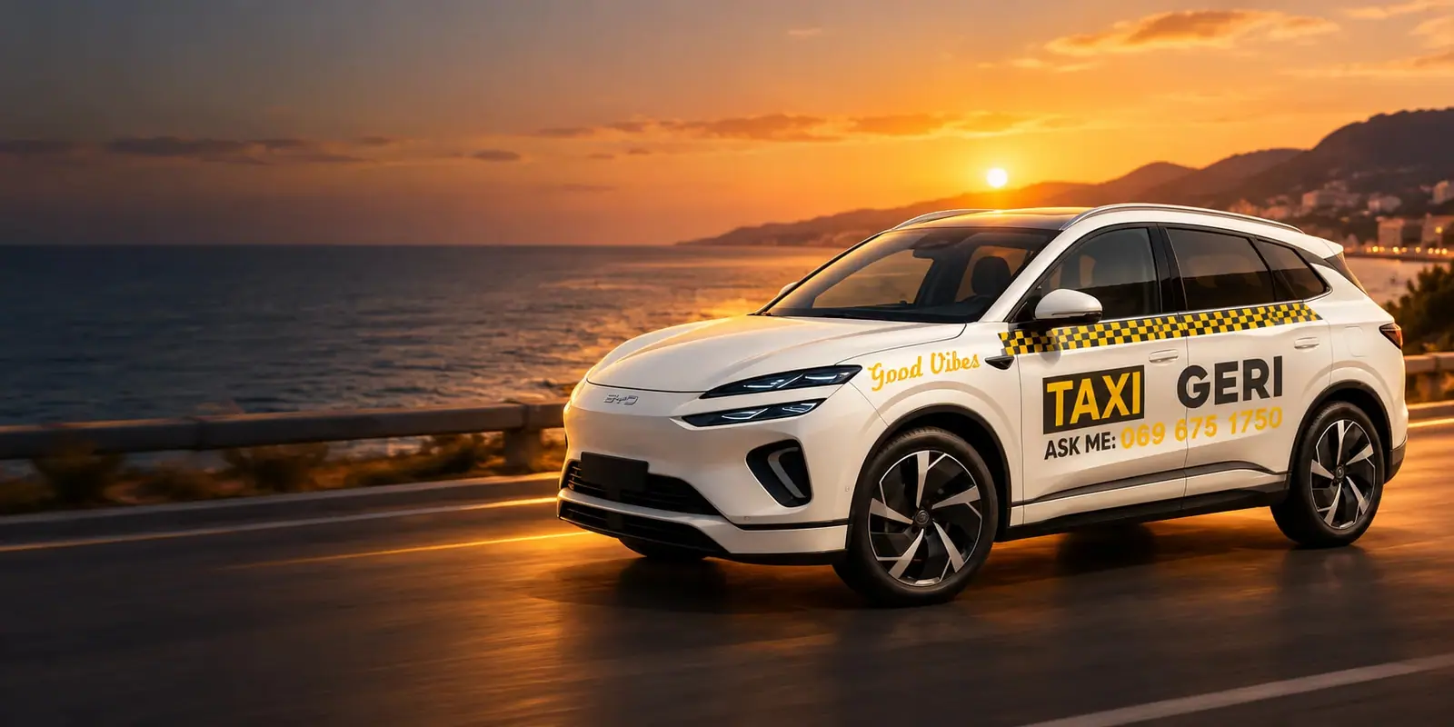 Geri's taxi on the coastal road at sunset